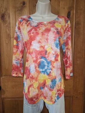 Ruby Rd. Multicolor Scoop Neck 3/4 Sleeve Top with Studded Accents